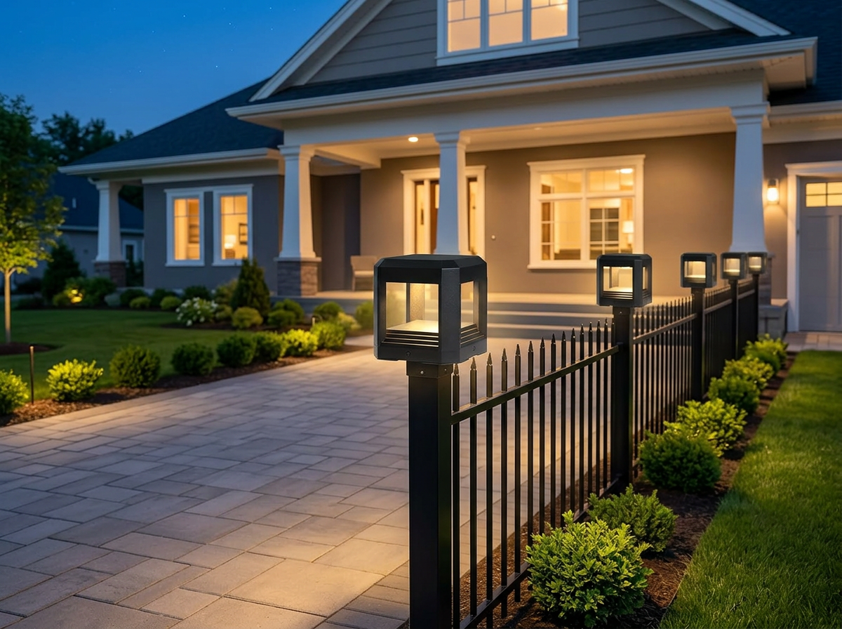 PLUSLED 5.94-inch black column post light mounted on a driveway fence post at twilight in a modern American home