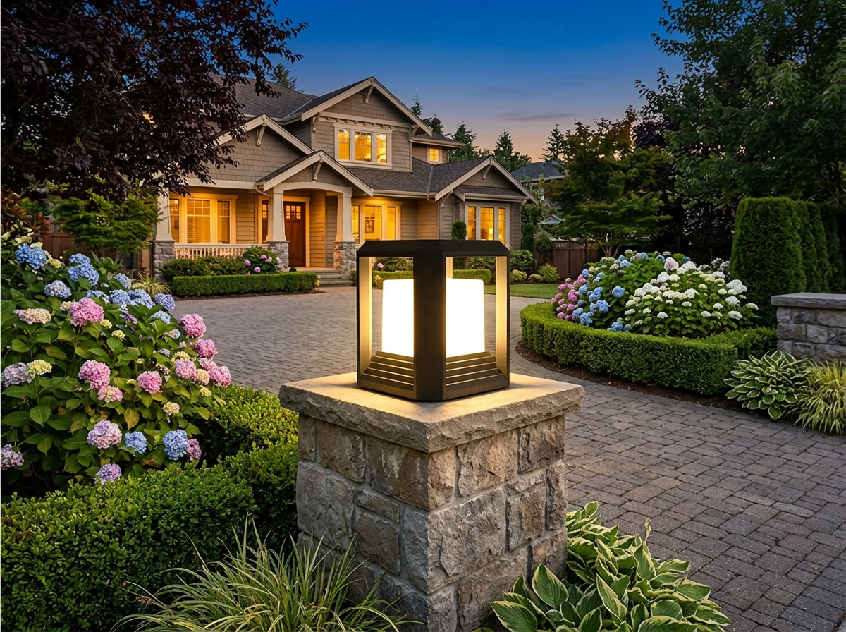 PLUSLED modern black outdoor post light mounted on stone driveway pillar with landscaping