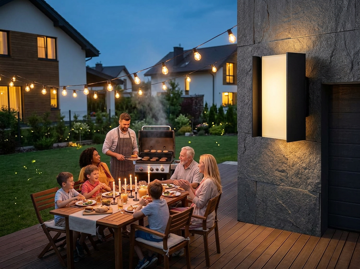 PLUSLED outdoor wall sconce lighting a summer backyard BBQ patio with warm evening ambiance