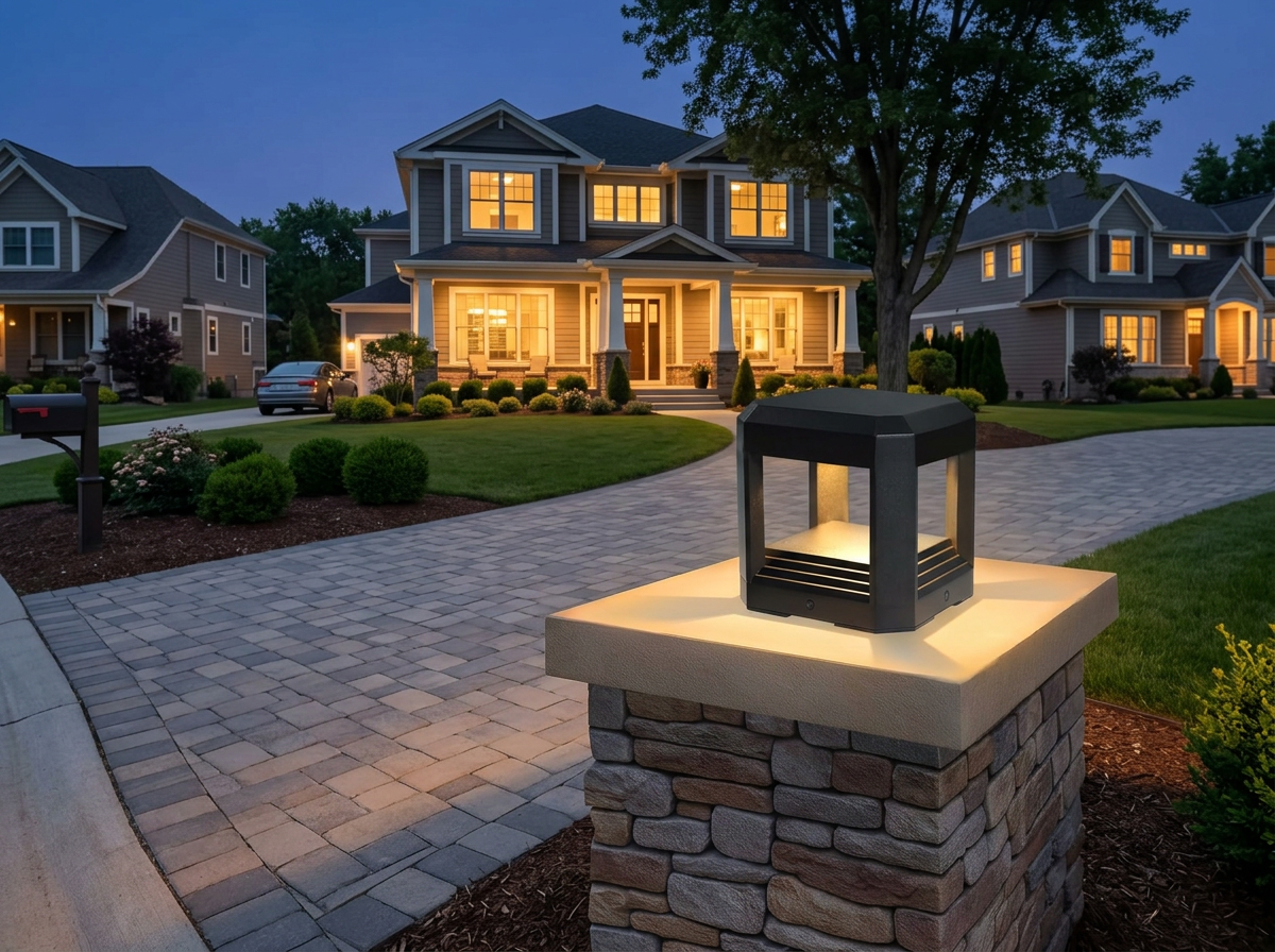 PLUSLED 5.94-inch 13W LED outdoor column post light on driveway pillar at dusk in American suburban neighborhood