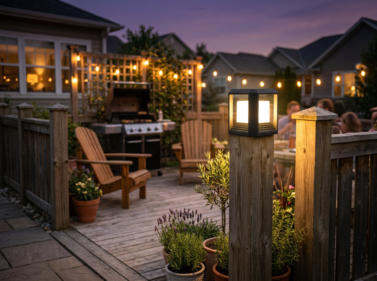 PLUSLED 9.88 inch column post light on a backyard fence post during a late summer American patio evening