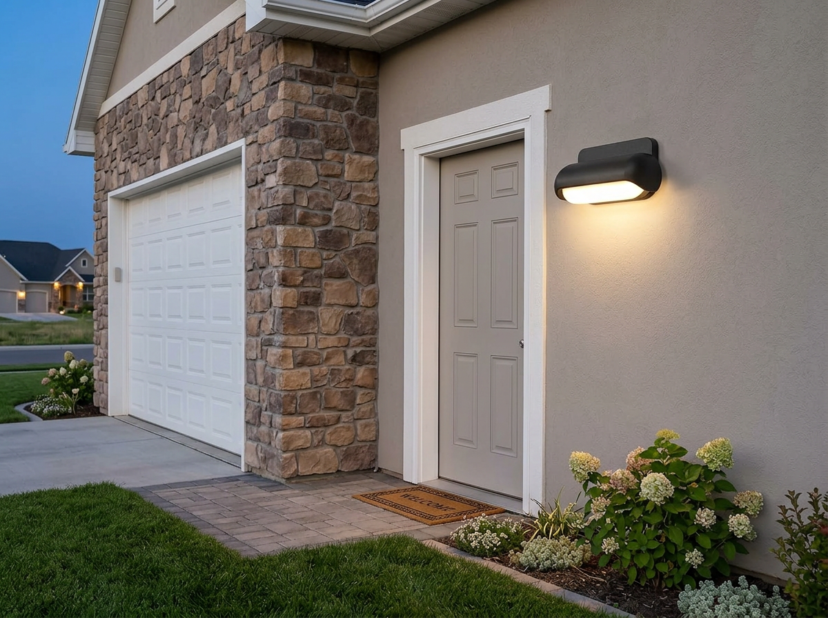 PLUSLED 13W modern outdoor wall sconce mounted beside a garage side entry door in a cozy American neighborhood at blue hour
