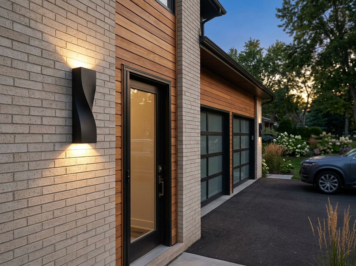 PLUSLED 15.75-inch black S-shape outdoor wall sconce beside a garage side door with warm summer evening ambiance