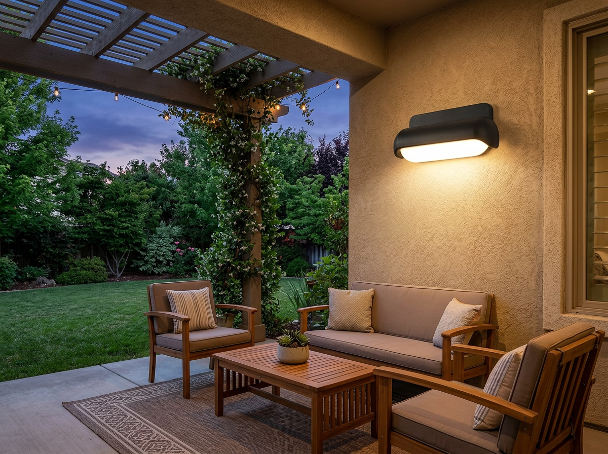 PLUSLED modern outdoor wall sconce mounted on a stucco wall illuminating a warm American backyard patio at twilight
