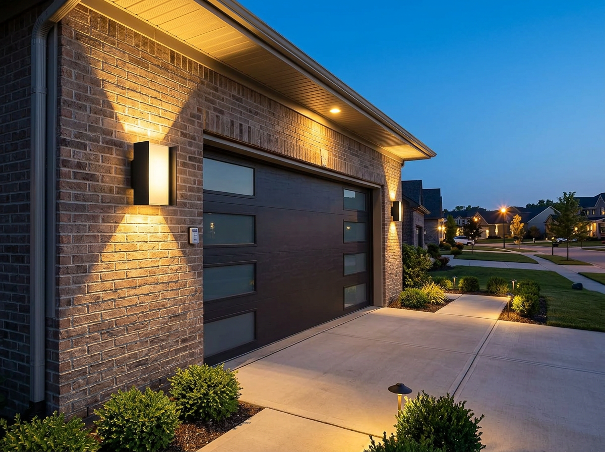 PLUSLED 20W up-down wall sconce mounted next to garage door on suburban American home at dusk