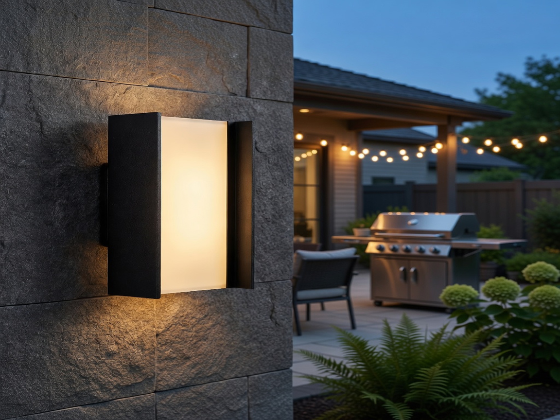 PLUSLED 20W LED outdoor wall sconce mounted on a garage wall during an American summer 2026 backyard barbecue evening