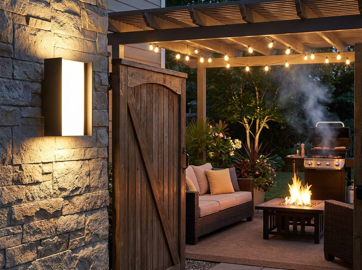 PLUSLED matte black outdoor LED wall sconce mounted on a backyard patio wall beside a wooden gate on a summer evening