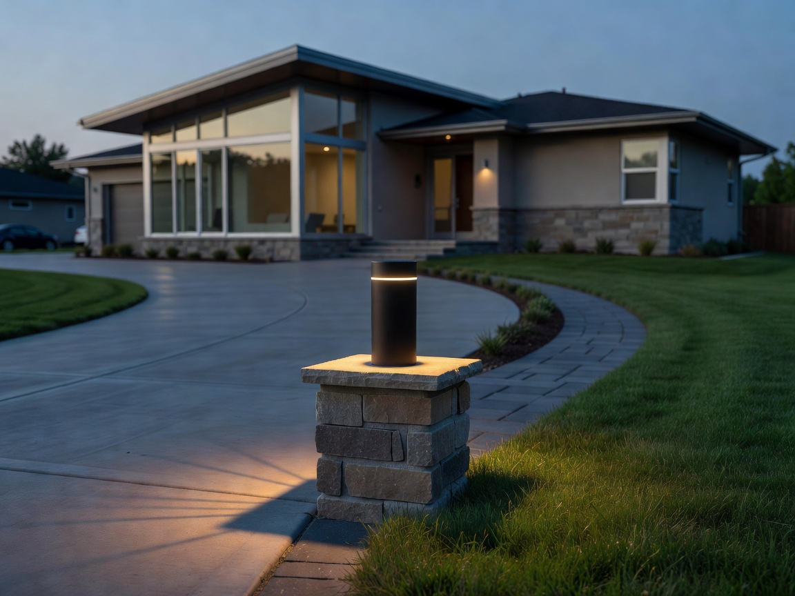 PLUSLED compact LED column post light on a stone driveway pillar at a modern American suburban home in summer 2026