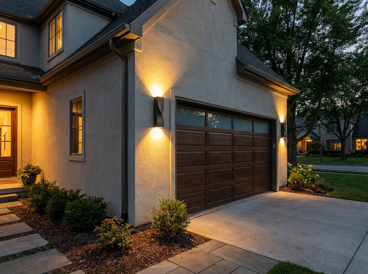 PLUSLED 15.75-inch outdoor wall sconce mounted beside garage on modern American suburban home