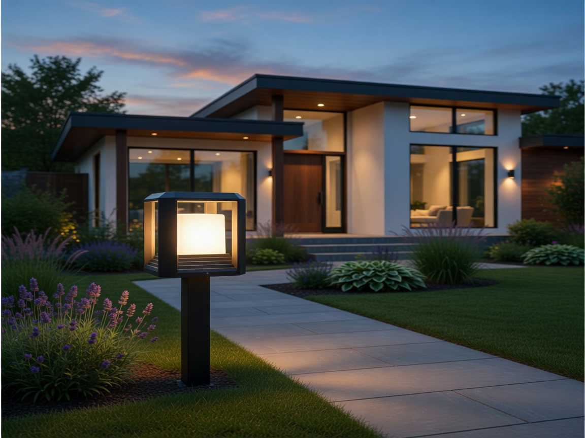 PLUSLED 9.88 inch modern black column post light installed along a garden path leading to a modern American home at twilight