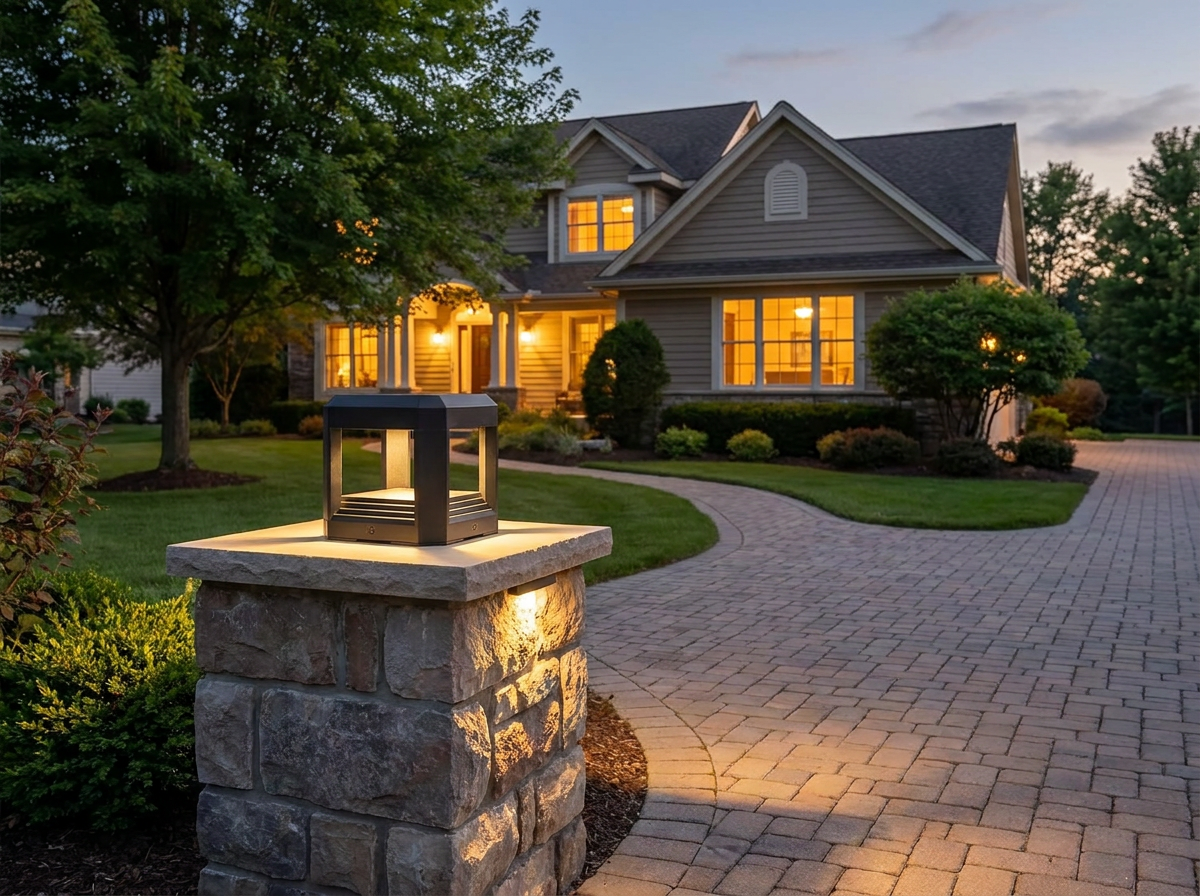 PLUSLED 5.94-inch LED pillar light installed on suburban American driveway column