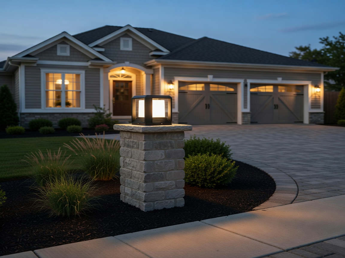 PLUSLED 20W modern black outdoor post light on driveway pillar of American suburban home at dusk