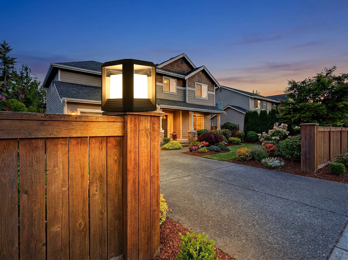 PLUSLED 9.88 inch modern black outdoor LED pillar post light on a suburban American driveway fence pillar at twilight