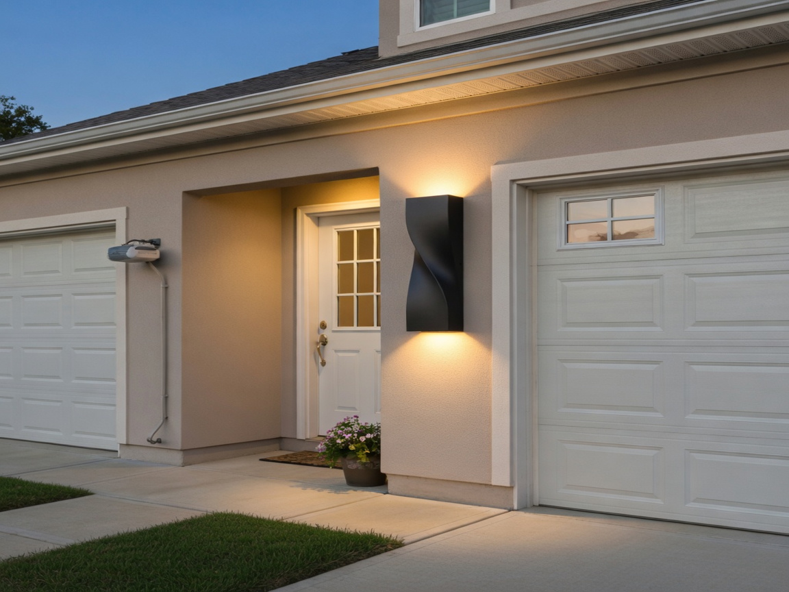 PLUSLED 20W S-shape wall sconce mounted beside a garage side entry on a suburban American home in the evening