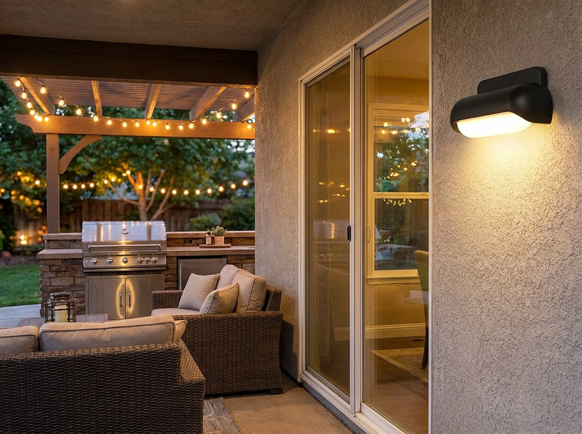 PLUSLED modern outdoor wall sconce mounted on a covered patio for summer entertaining