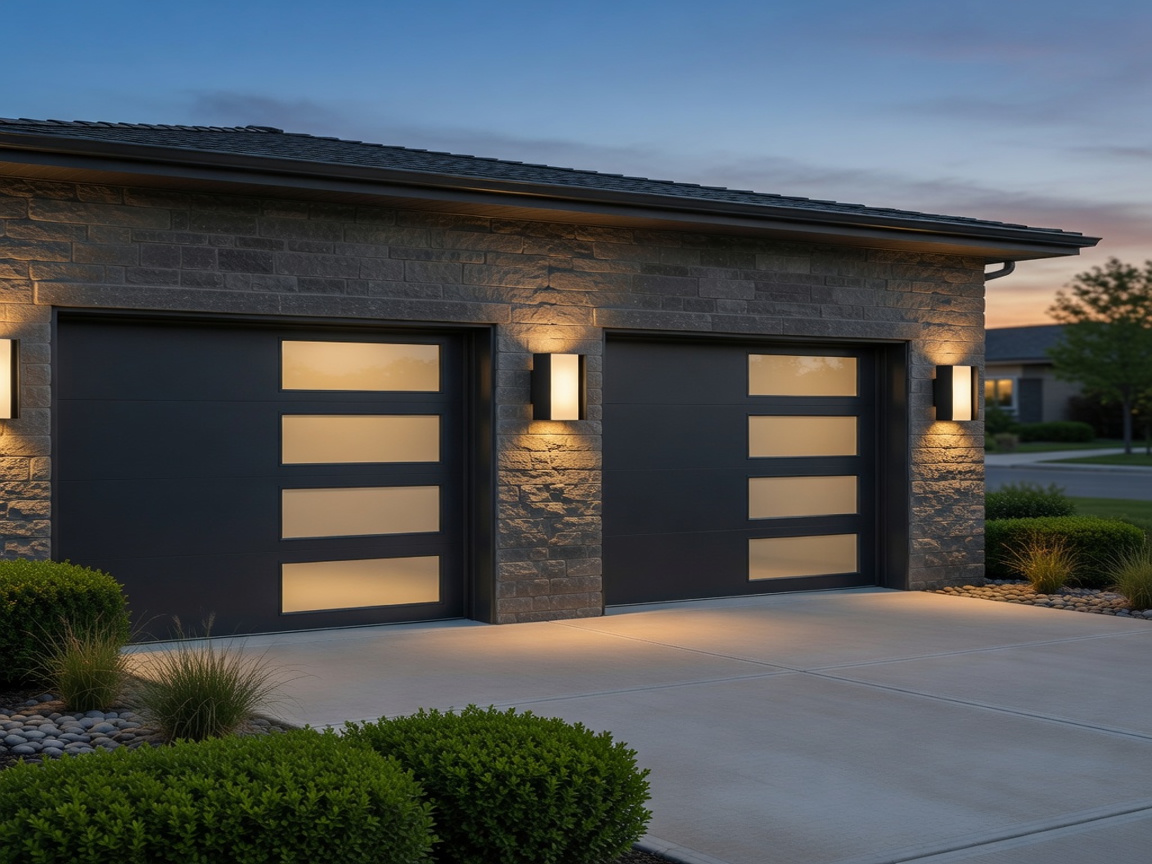 Matte black up-down LED wall sconce mounted on modern American two-car garage exterior at dusk