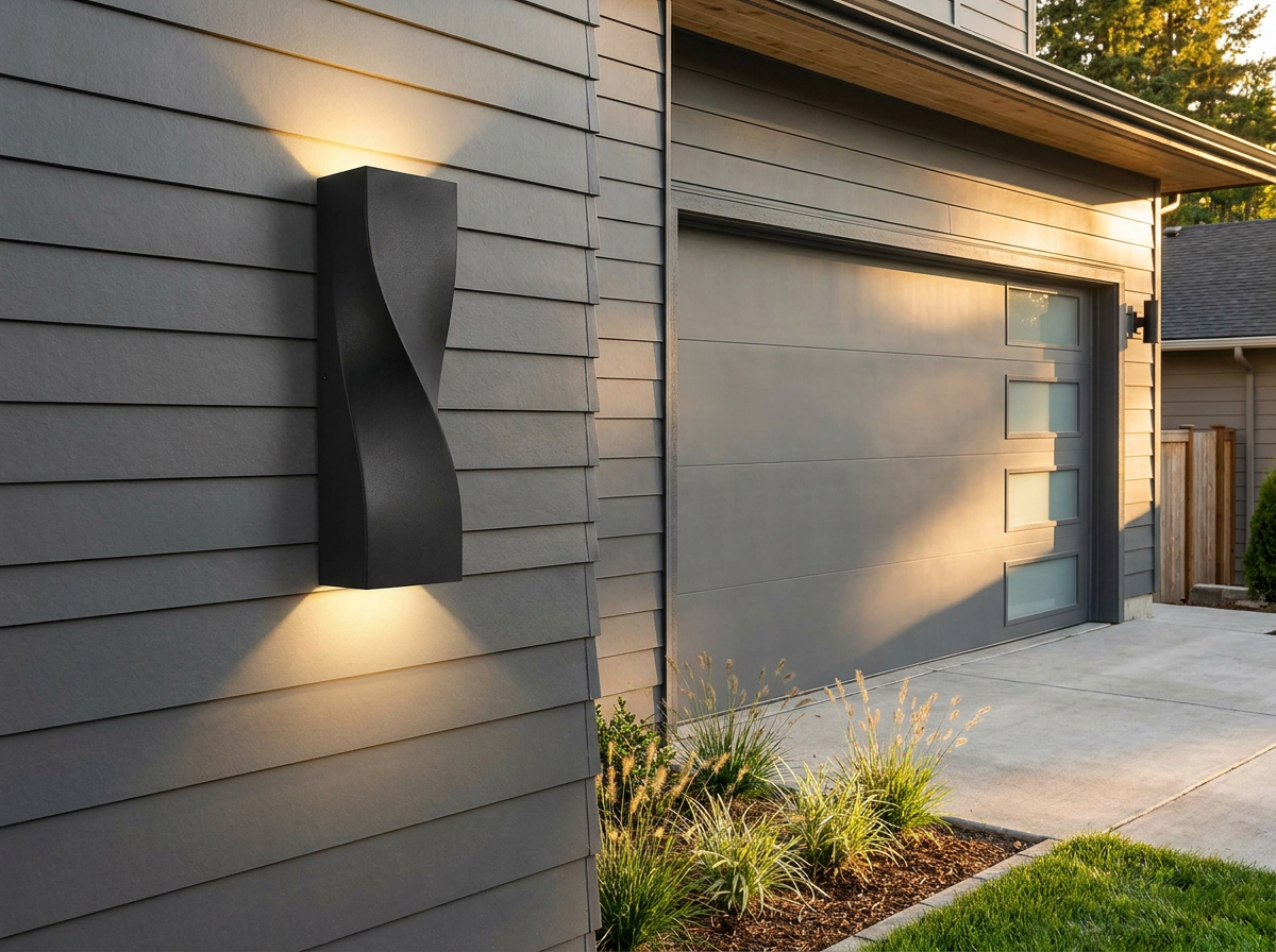 Close-up install view of the PLUSLED 15.75-inch S-shape matte black outdoor wall sconce mounted on the exterior wall of a modern American home