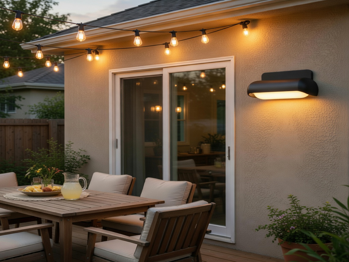 PLUSLED 13W outdoor wall sconce mounted on a backyard patio wall during a summer evening gathering