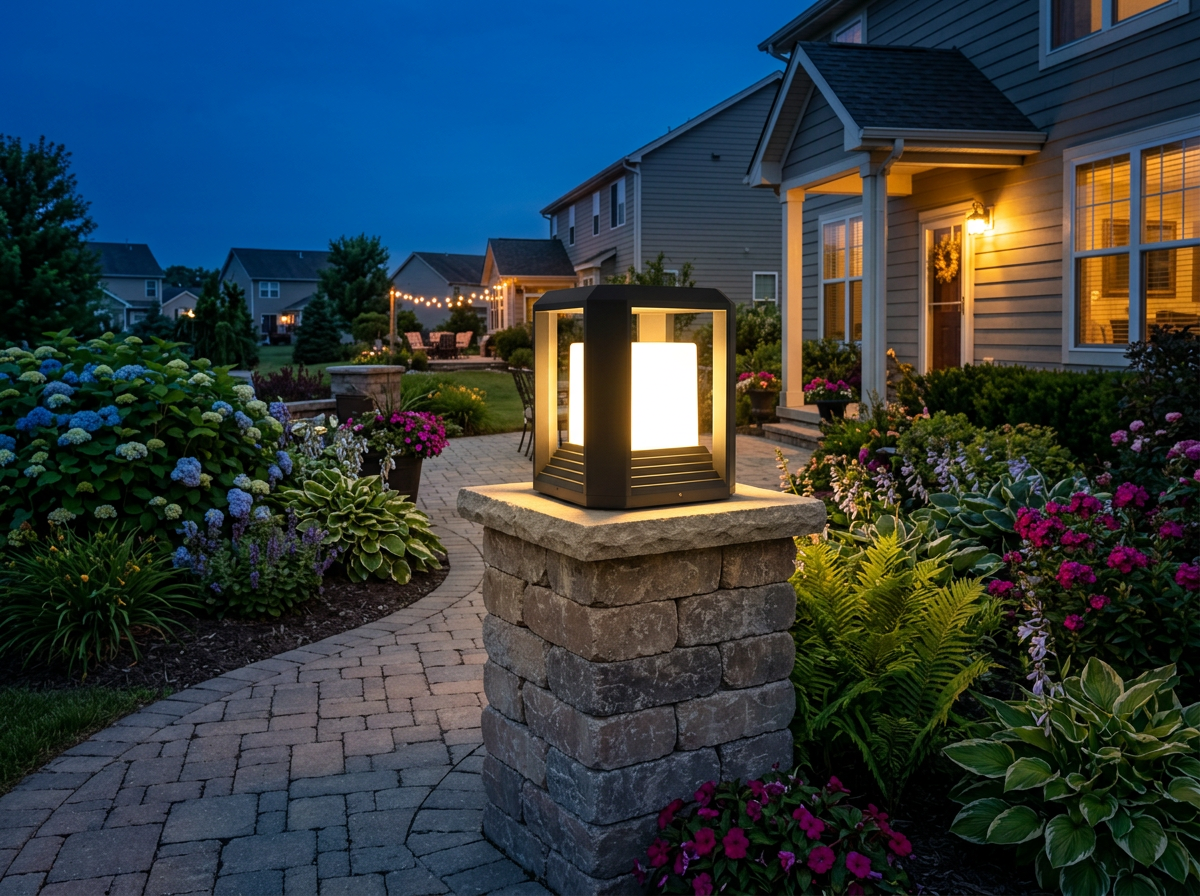 PLUSLED 9.88-inch modern black LED column post light on a stone garden pillar in a lush summer American backyard at twilight