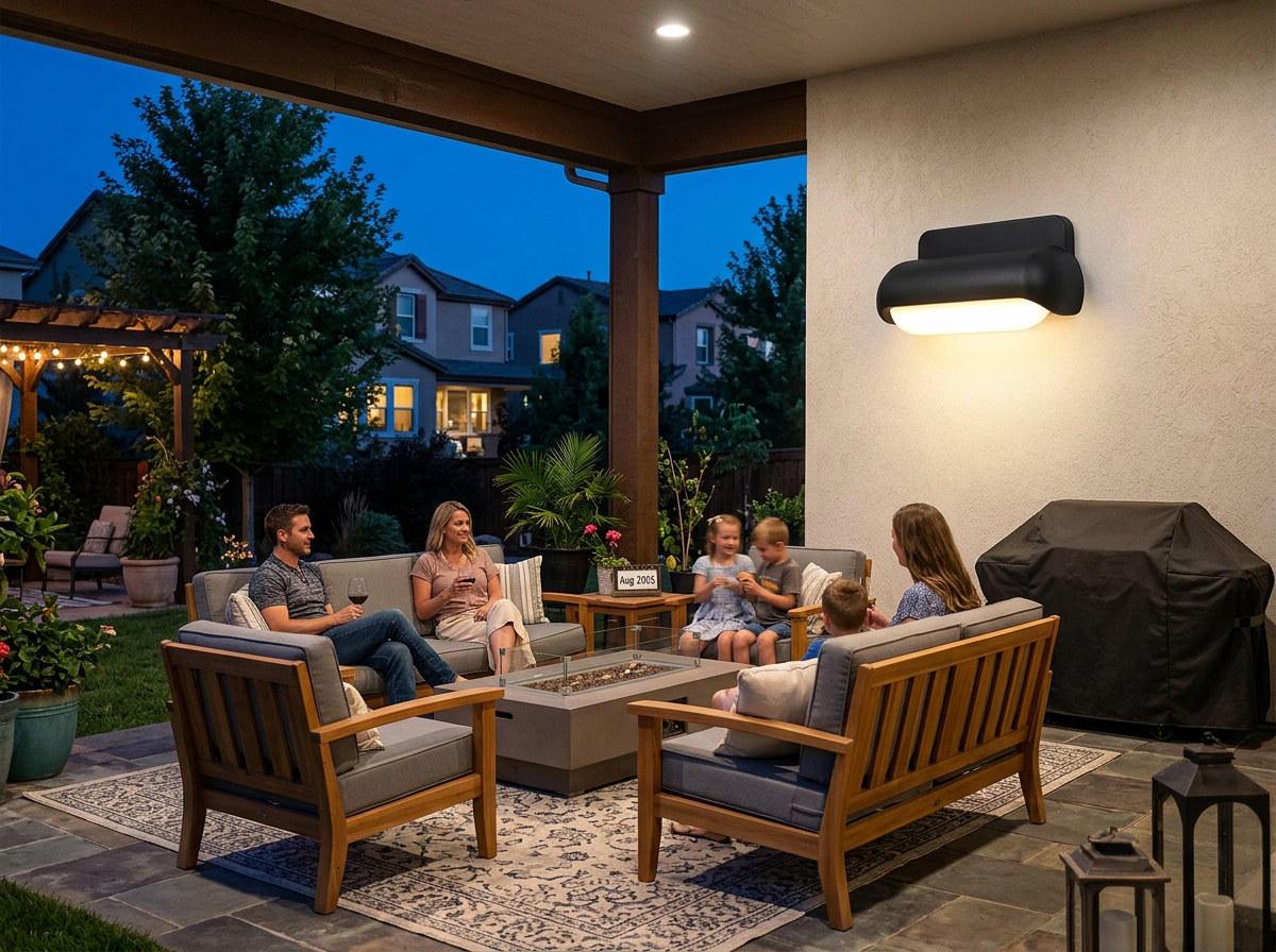 PLUSLED LED wall sconce illuminating a covered patio during a late summer evening