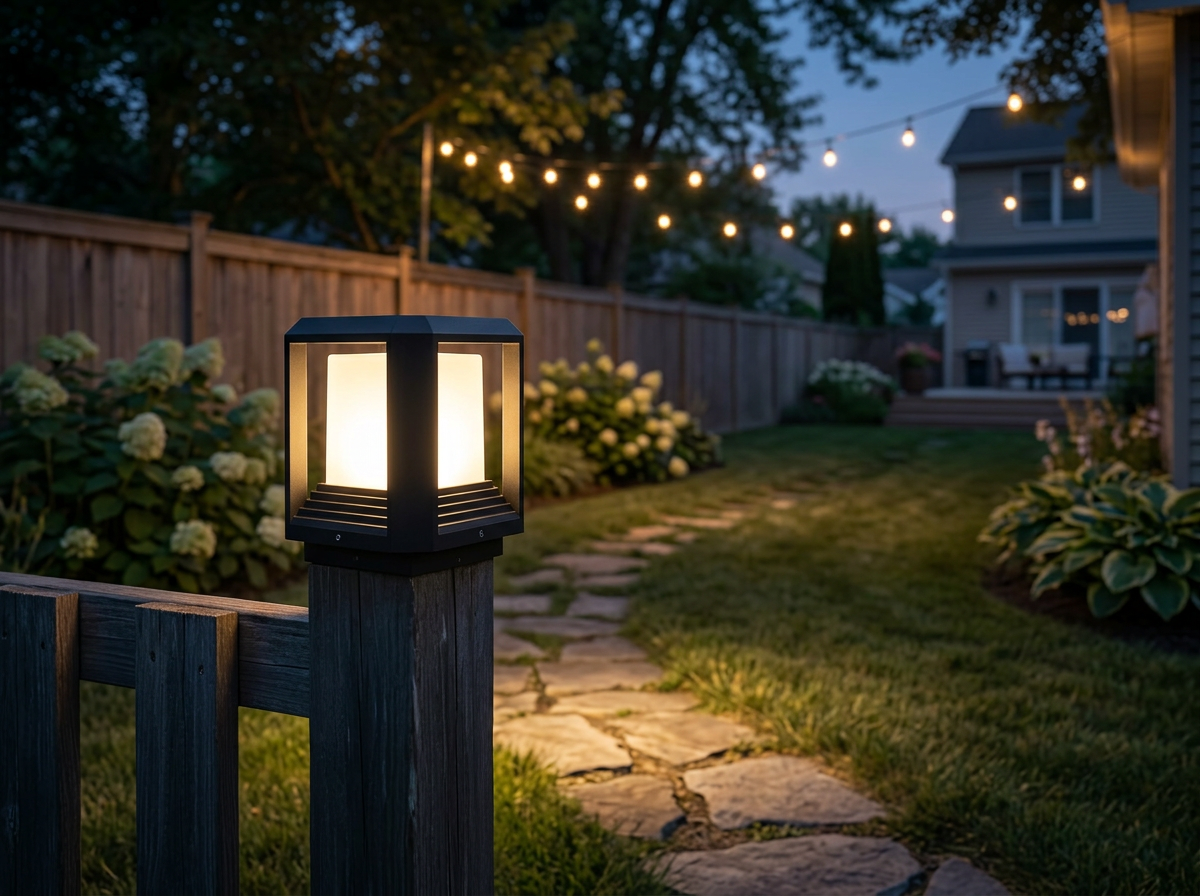 PLUSLED modern black outdoor post light on a garden fence post along a stone pathway at dusk with string lights overhead