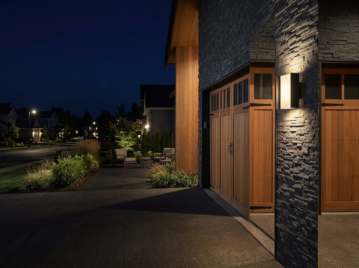 PLUSLED 20W matte black wall sconce mounted on garage wall at night showing up and down light beams