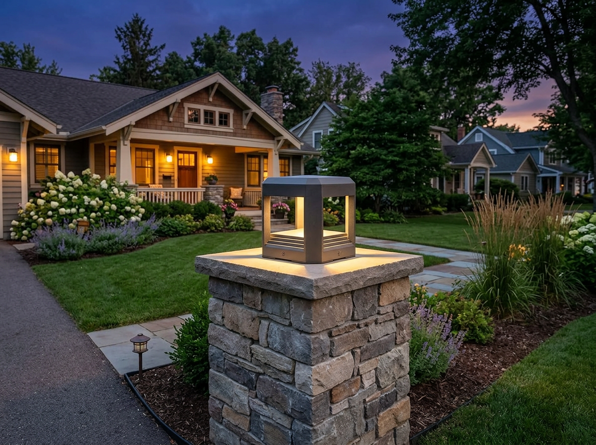PLUSLED outdoor column post light mounted on a stone driveway pillar at summer evening in an American neighborhood