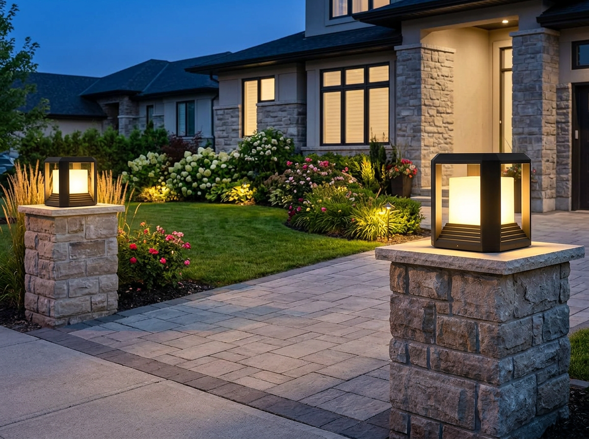 PLUSLED modern black outdoor post light on stone driveway pillar boosting American home property value at twilight