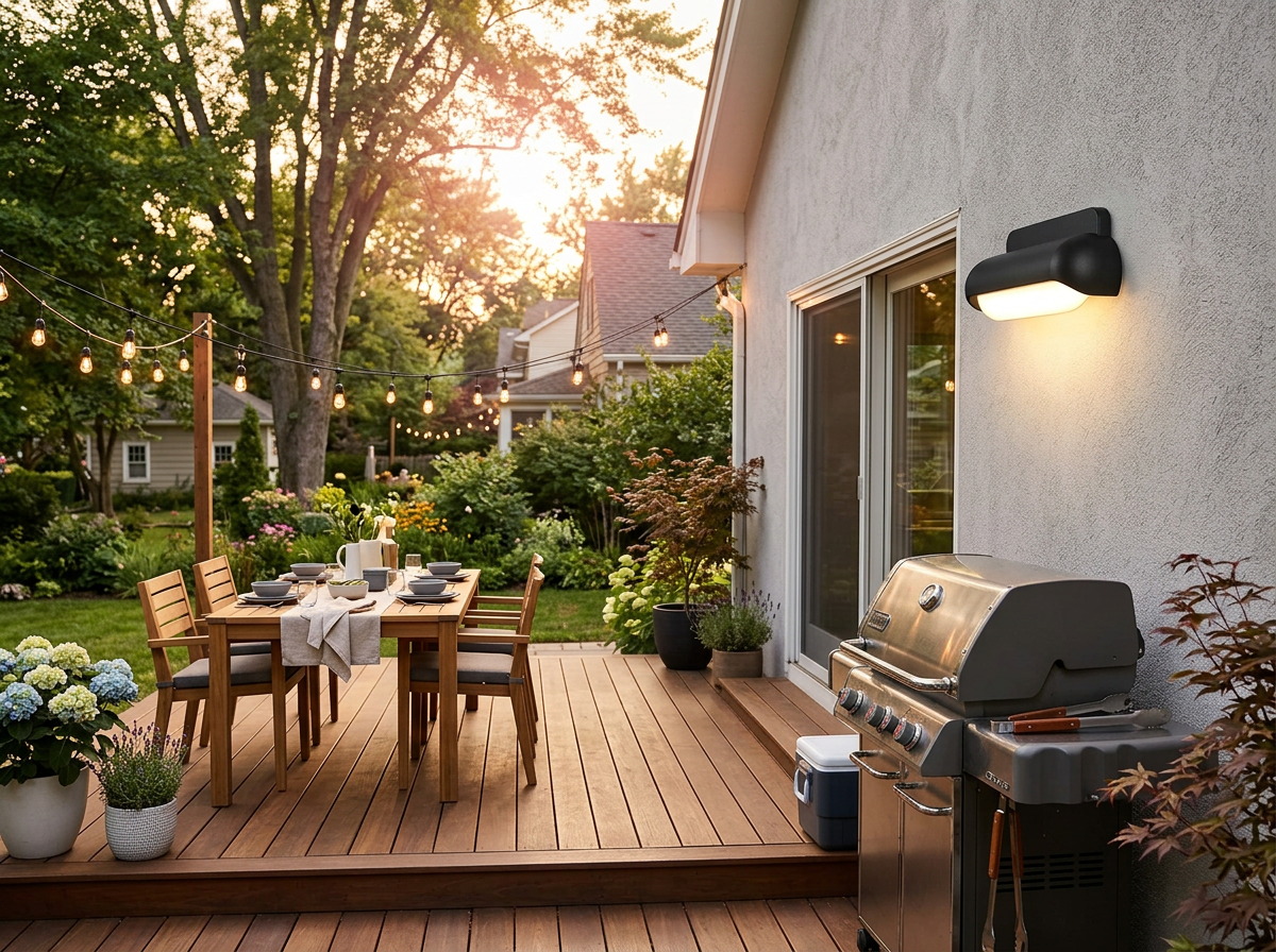 PLUSLED modern aluminum wall sconce on a backyard patio wall at golden hour, Labor Day cookout ambiance