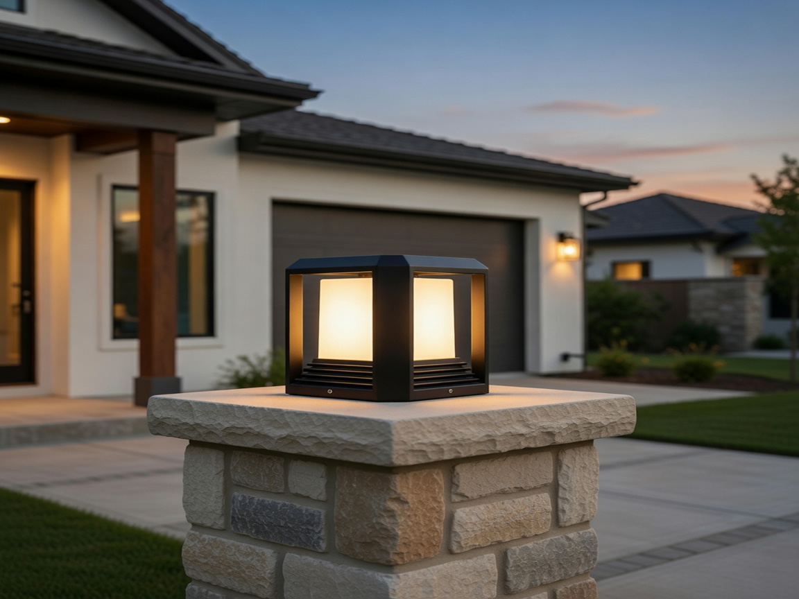 PLUSLED modern black outdoor LED post light on a stone driveway pillar at a modern American home on a summer Labor Day evening
