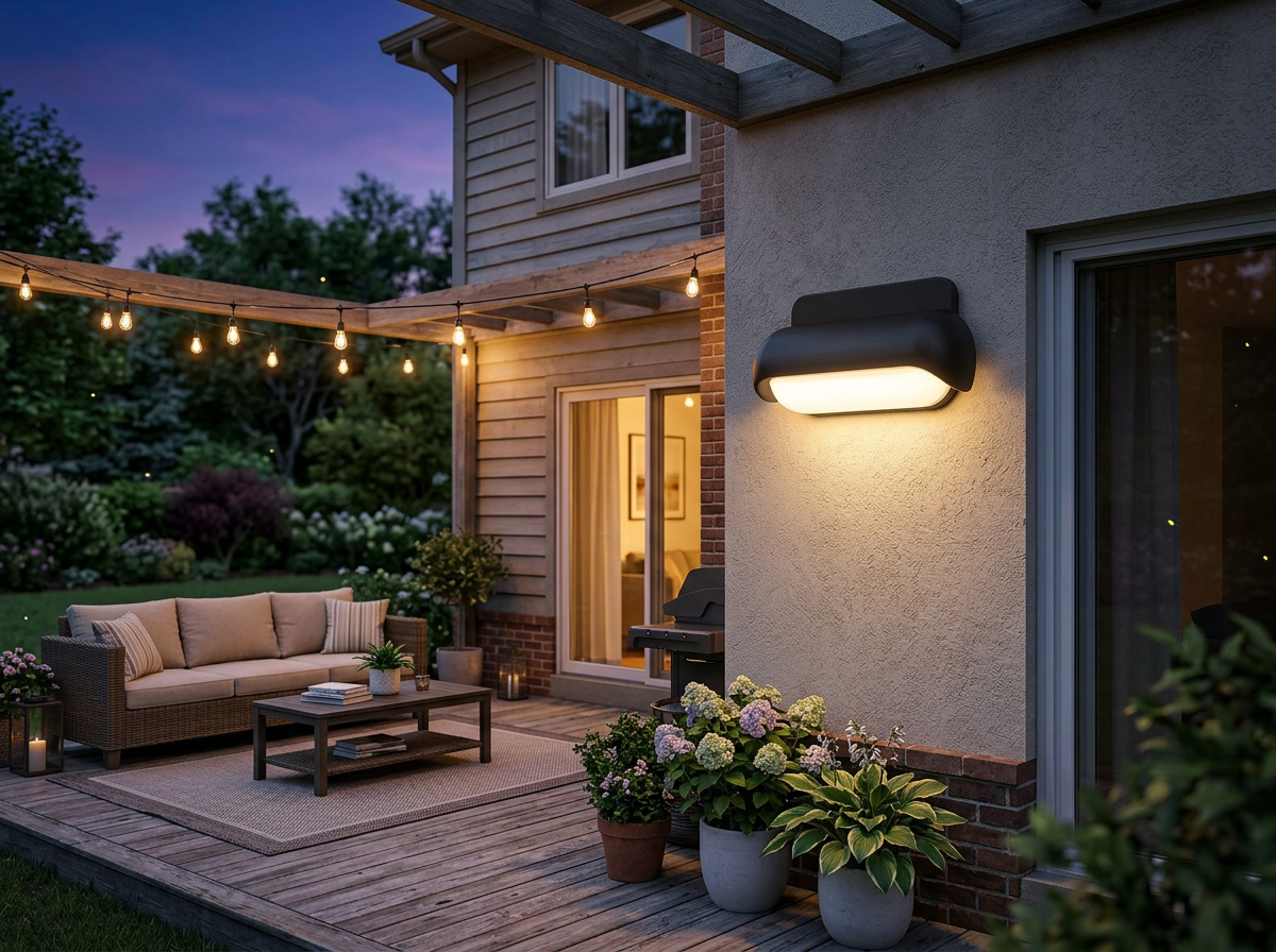 PLUSLED modern LED wall sconce installed on an American backyard patio wall during summer evening