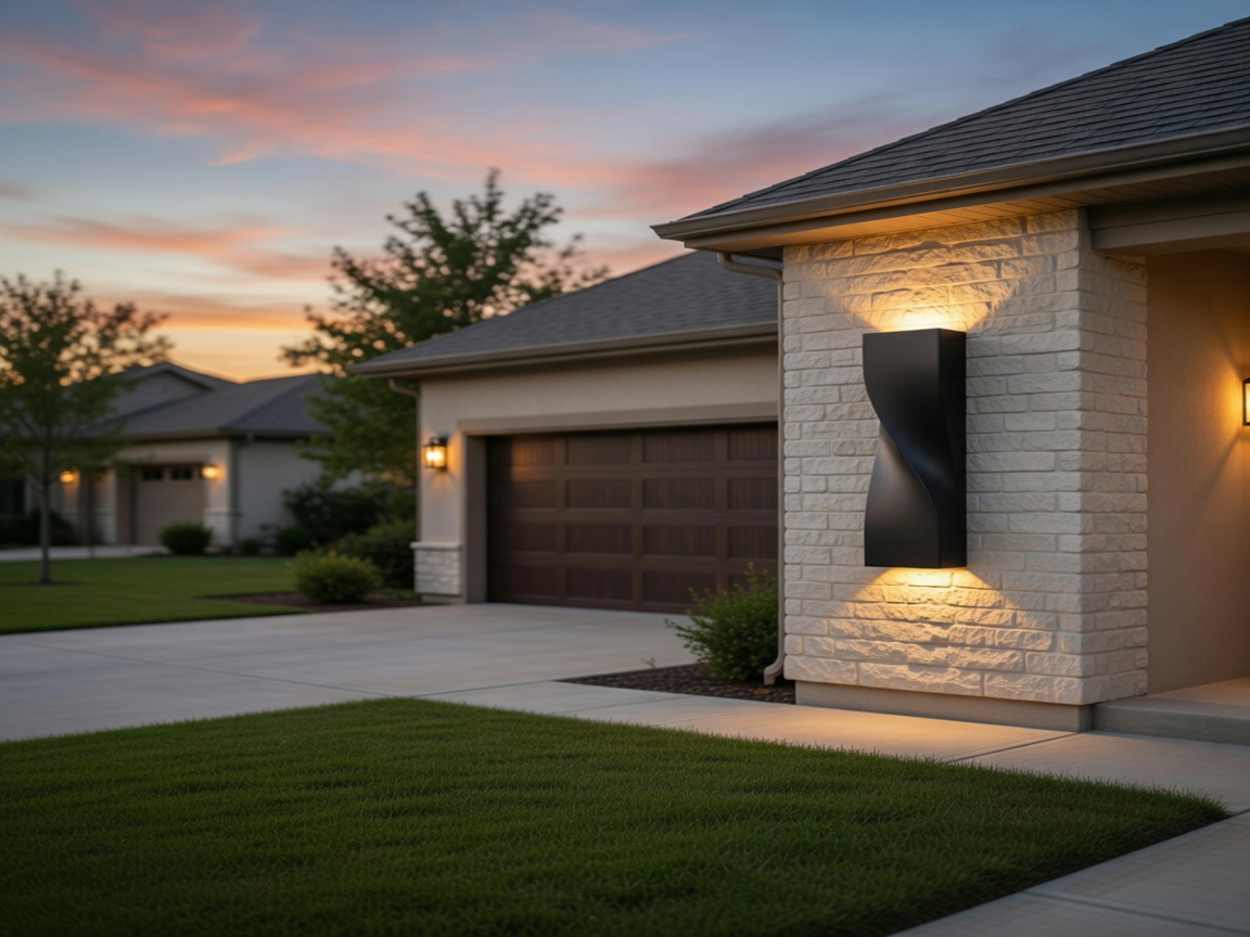 Large 15.75-inch matte black S-shape LED wall sconce mounted on a stone-clad garage exterior at golden hour in a US suburban driveway, late summer 2026 curb appeal