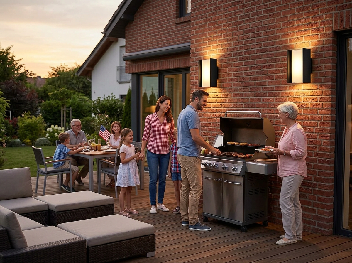 PLUSLED 20W matte black up-down wall sconce lighting a backyard patio during a Labor Day cookout