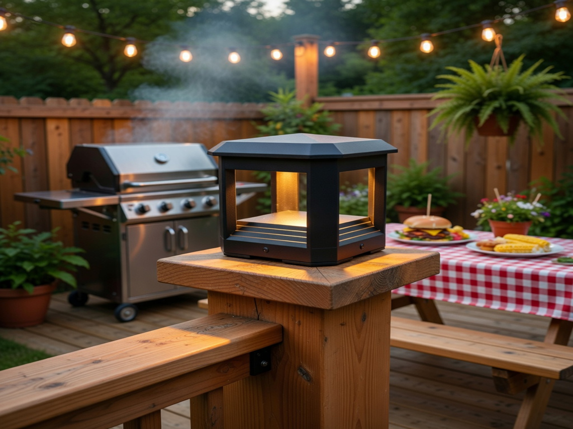 PLUSLED 5.94-inch black LED post light on a wooden deck railing during an American summer backyard BBQ evening