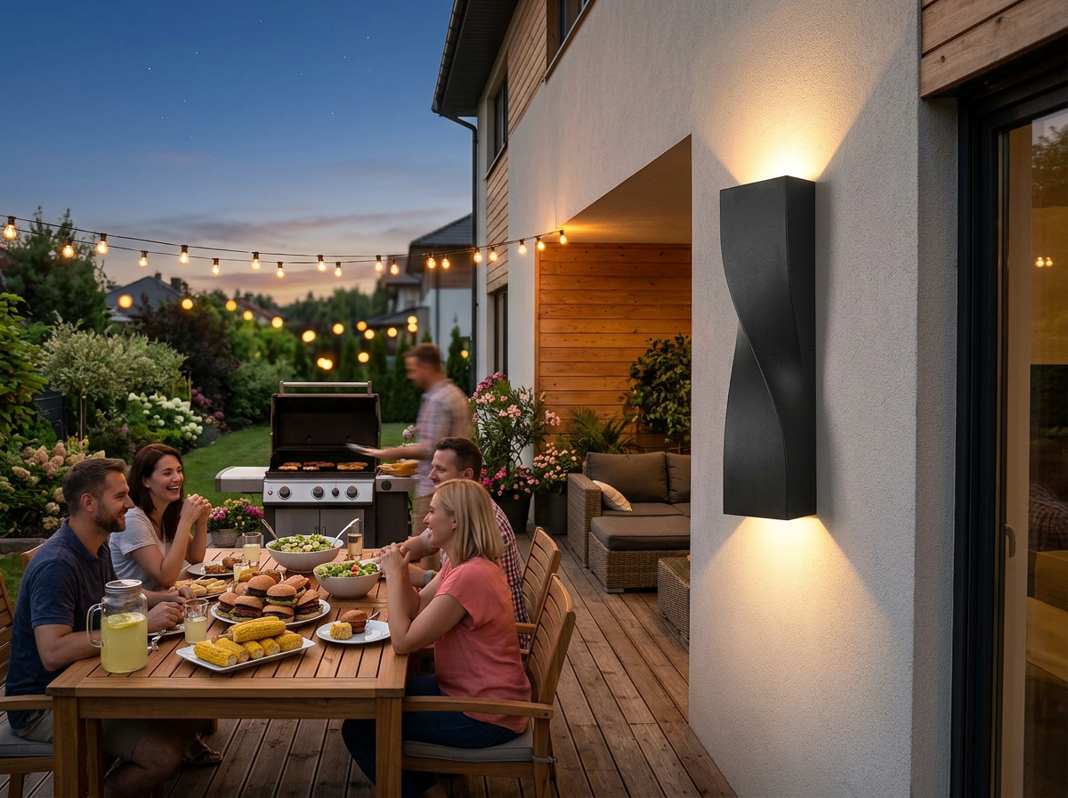 PLUSLED 15.75 inch S-shape wall sconce mounted on an American backyard patio wall during a summer evening