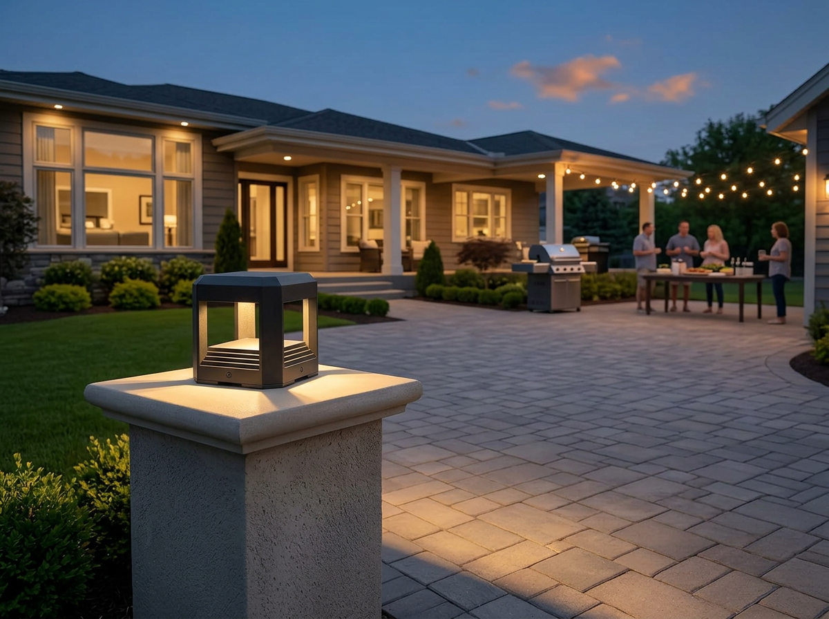 PLUSLED 5.94-inch outdoor column post light on a concrete driveway pillar of a modern American home before Labor Day evening