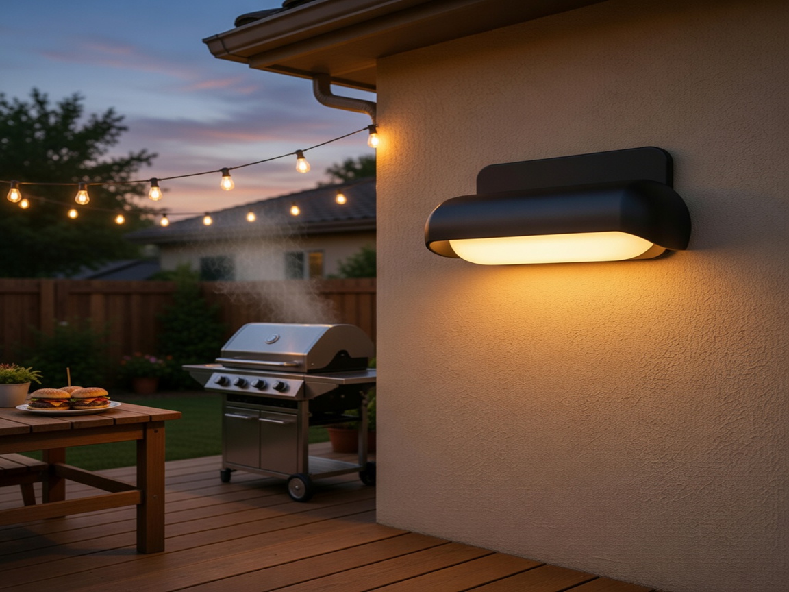 Modern PLUSLED outdoor wall sconce on a summer American patio with BBQ setup