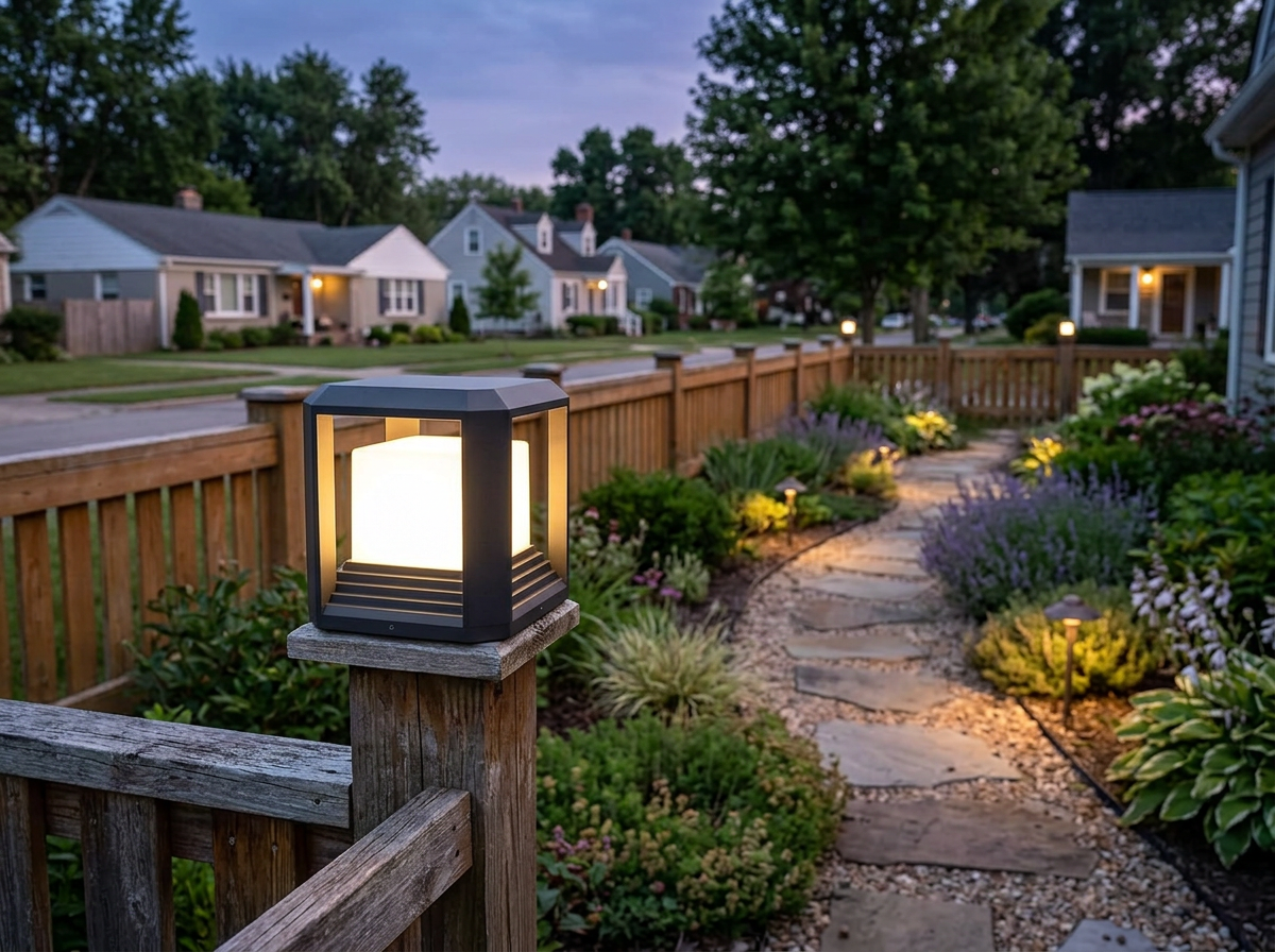 PLUSLED 9.88-inch modern black LED column post light on a wooden fence post beside a suburban garden pathway