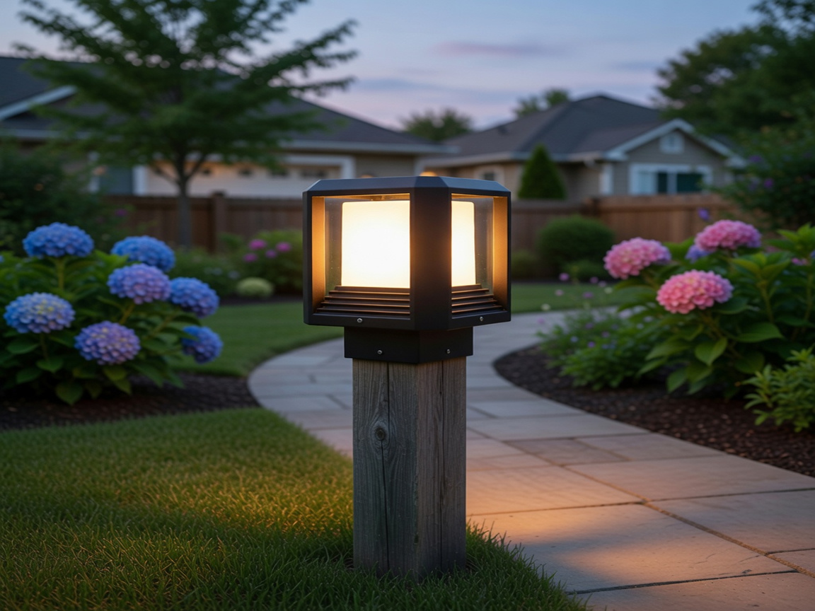 PLUSLED 20W modern black outdoor post light illuminating a garden path fence post in an American suburban backyard, late summer evening