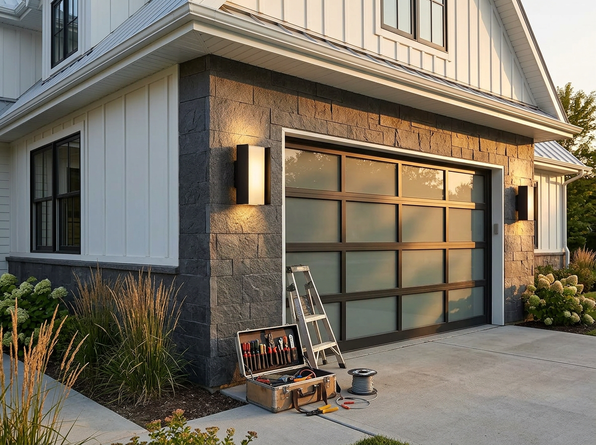 Modern American garage with a matte black 20W up-down LED wall sconce installed beside the garage door during a late summer afternoon DIY project