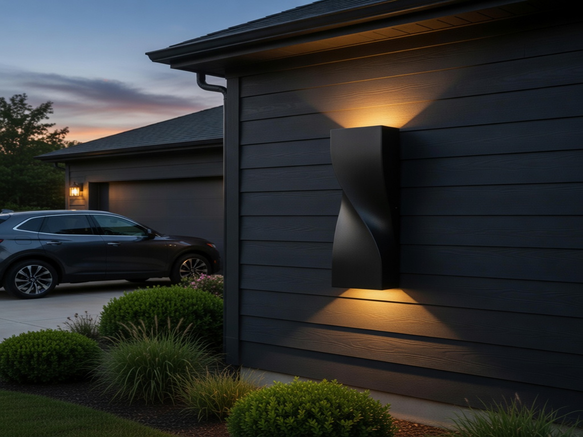PLUSLED 15.75-inch S-shape black wall sconce mounted on modern garage exterior wall in a suburban American neighborhood