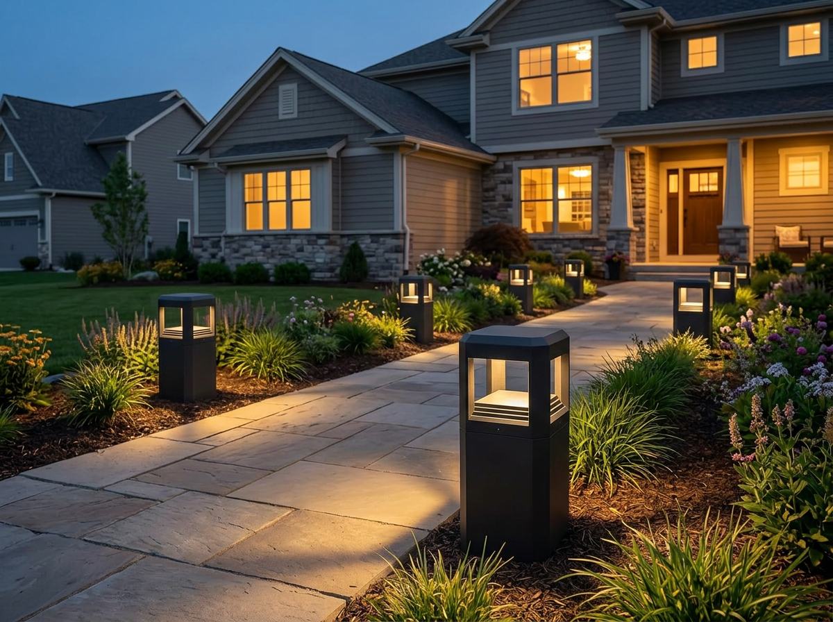 PLUSLED 5.94-inch matte black LED column post light on a suburban American front-yard garden pathway during a warm summer evening
