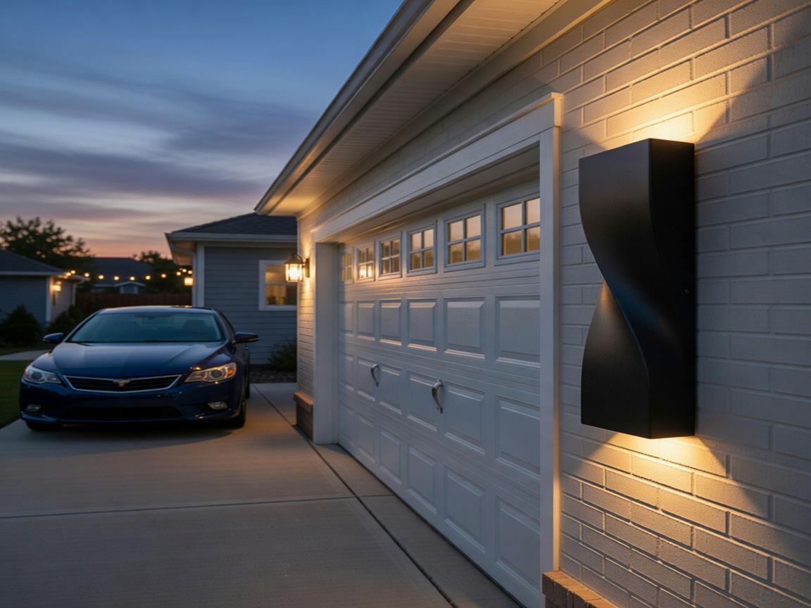 PLUSLED 15.75-inch matte black S-shape outdoor wall sconce mounted beside a modern American garage door at dusk