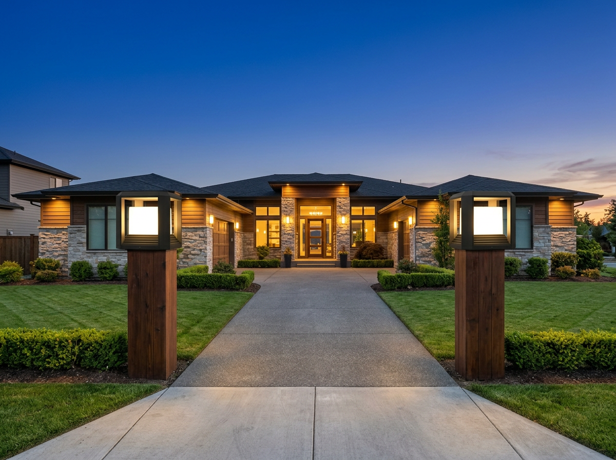 Symmetric pair of PLUSLED modern black LED column post lights framing an American suburban driveway entrance at dusk