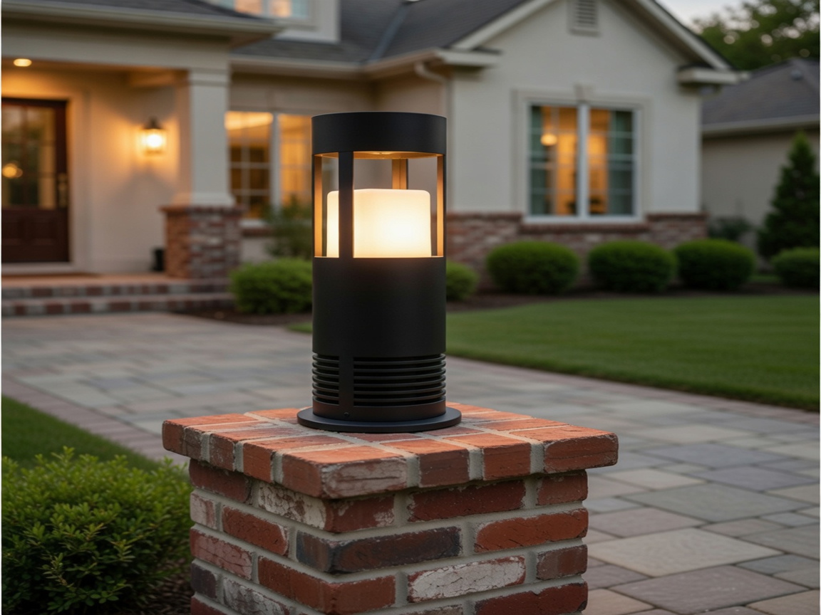 PLUSLED 9.88-inch modern black LED column post light installed on a brick driveway pillar at a suburban American home in the evening