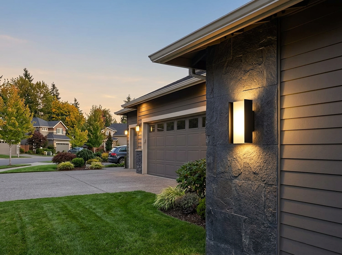 PLUSLED 20W up-down wall sconce mounted on a garage exterior at twilight in a suburban American neighborhood
